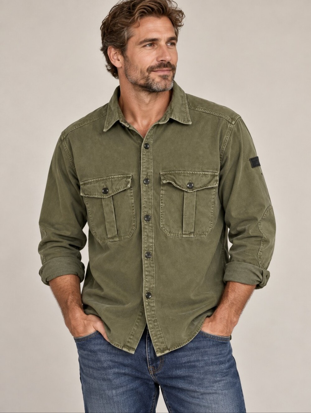 Zara Man Military Green Moto Field Denim "TROUBLEMAKER" shacket. Mens L